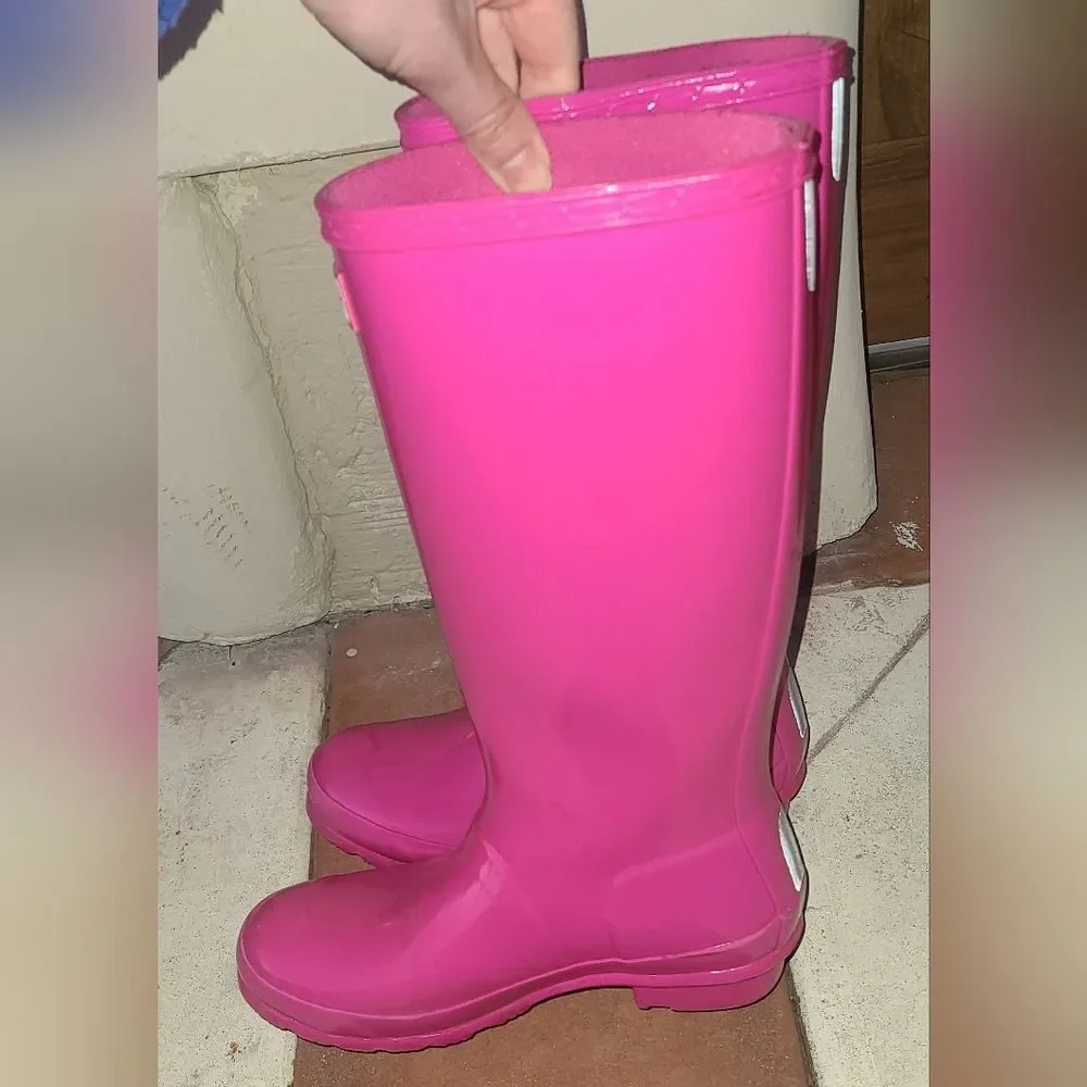 Hunter Tall Shiny Pink Rain Rubber Shiny Vibrant Pink Waterproof Boots Women 5